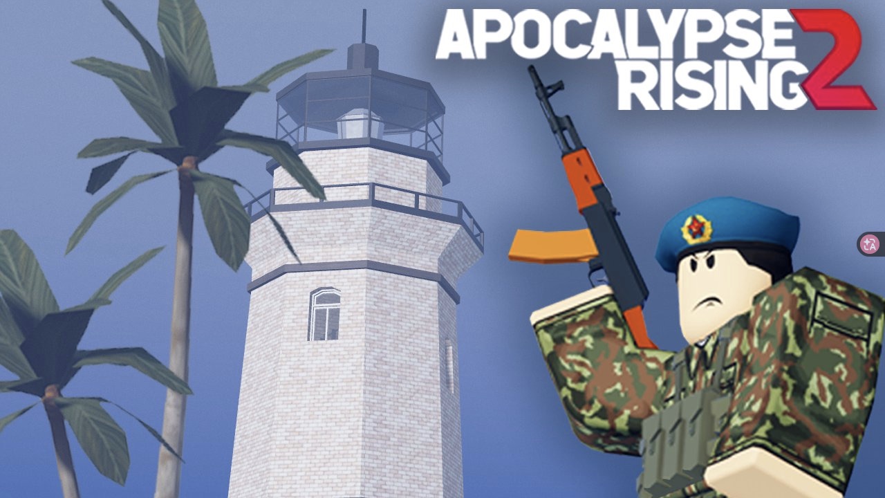 Soldier with a rifle standing beside a white lighthouse on a tropical island in Apocalypse Rising 2